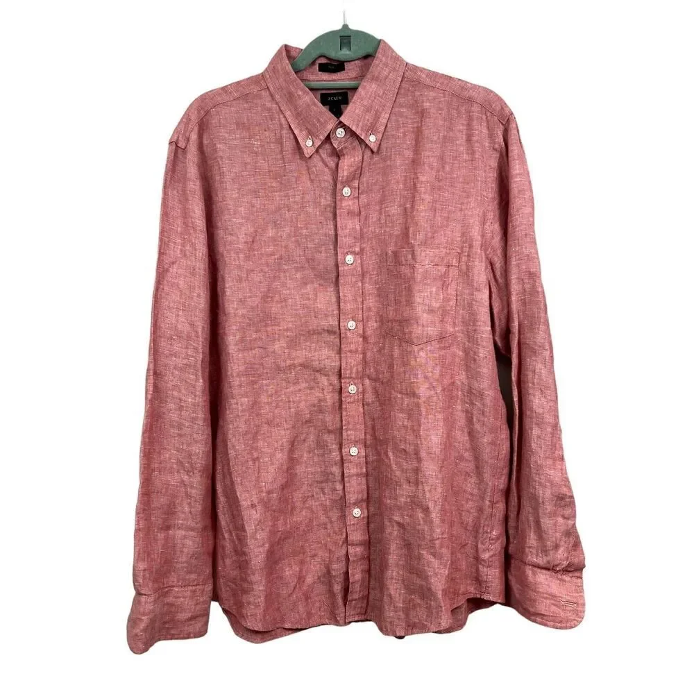 J. Crew Mens Linen Button Down Shirt Slim Long Sleeve Pen Pocket Red Sz L*